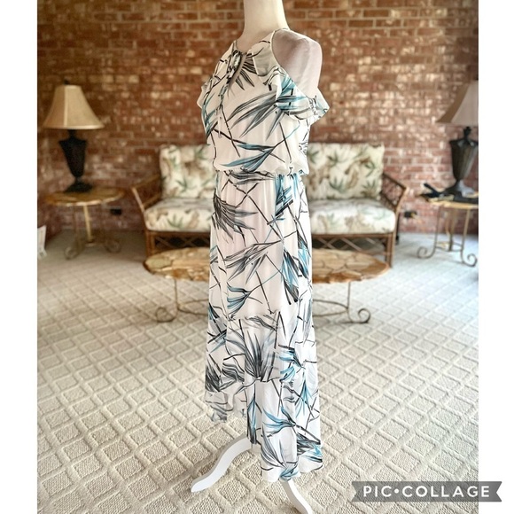WHBM Dress Maxi White Bamboo Print Hi Low Blouson 4P Cocktail Party Chic Trendy - Picture 9 of 17